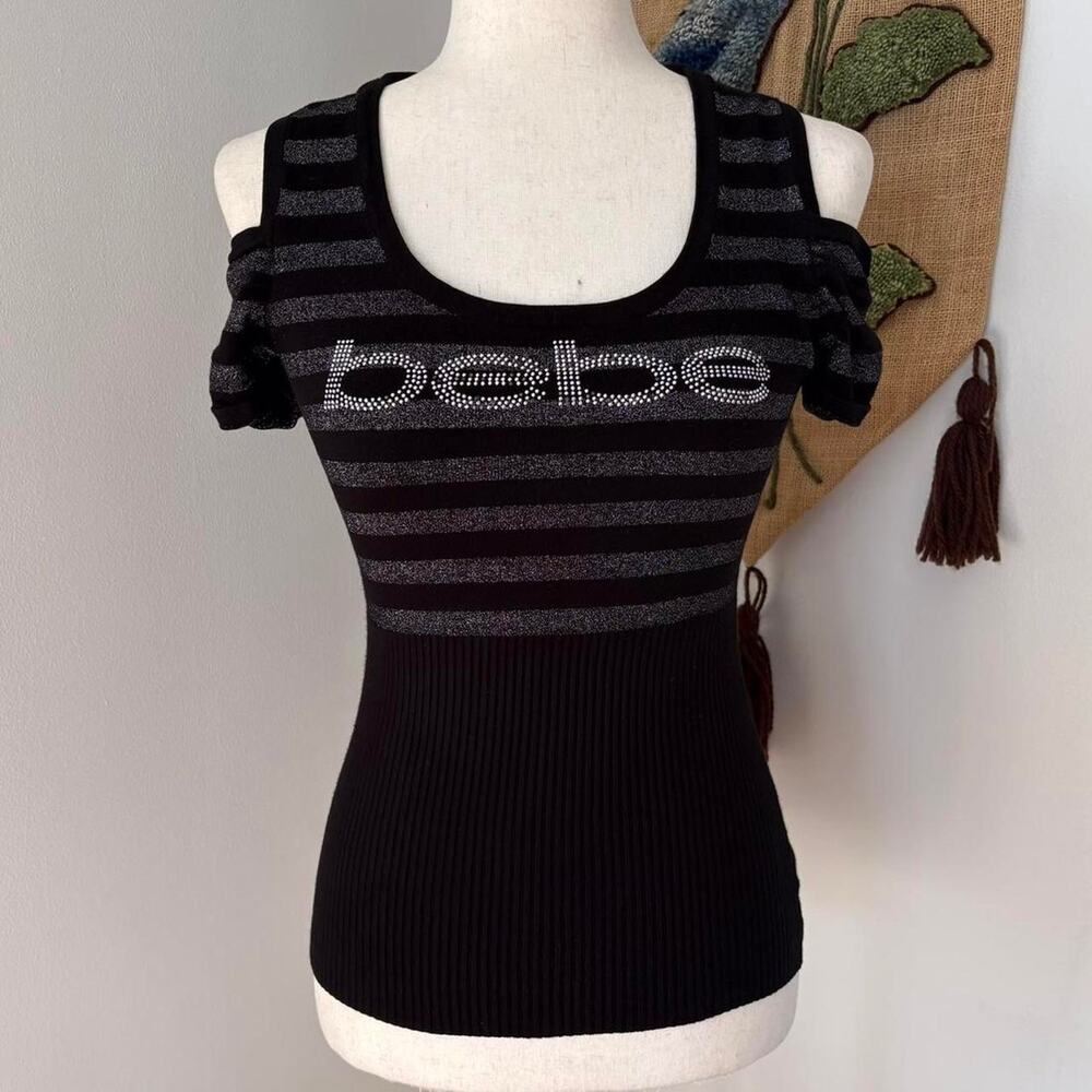 Bebe embellished cut out striped top
